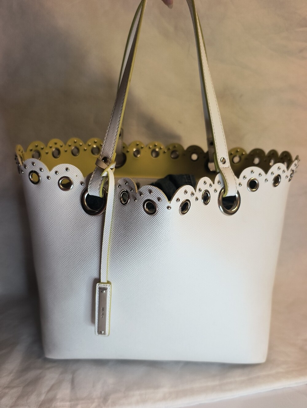 Nine West White Scalloped Tote Bag with Yellow Interior - Women Bags